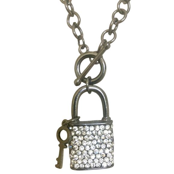 Lock and key rhinestone necklace, Gunmetal chain toggle closure, star cutouts - Picture 1 of 7